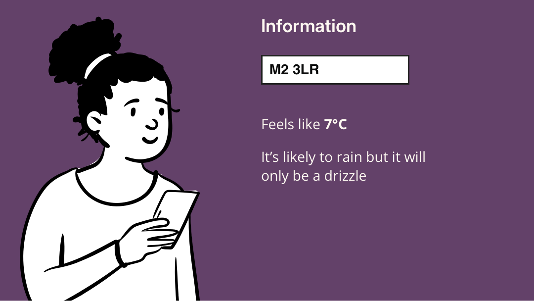 Instead of tabular data the information screen uses full sentences such as